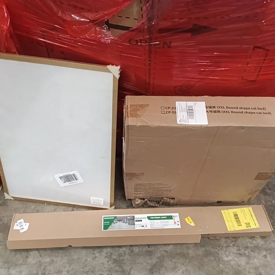 PALLETT OF ASSORTED ITEMS INCLUDING - CAT BED, PICTURE FRAME, TRI-PROOF LIGHT