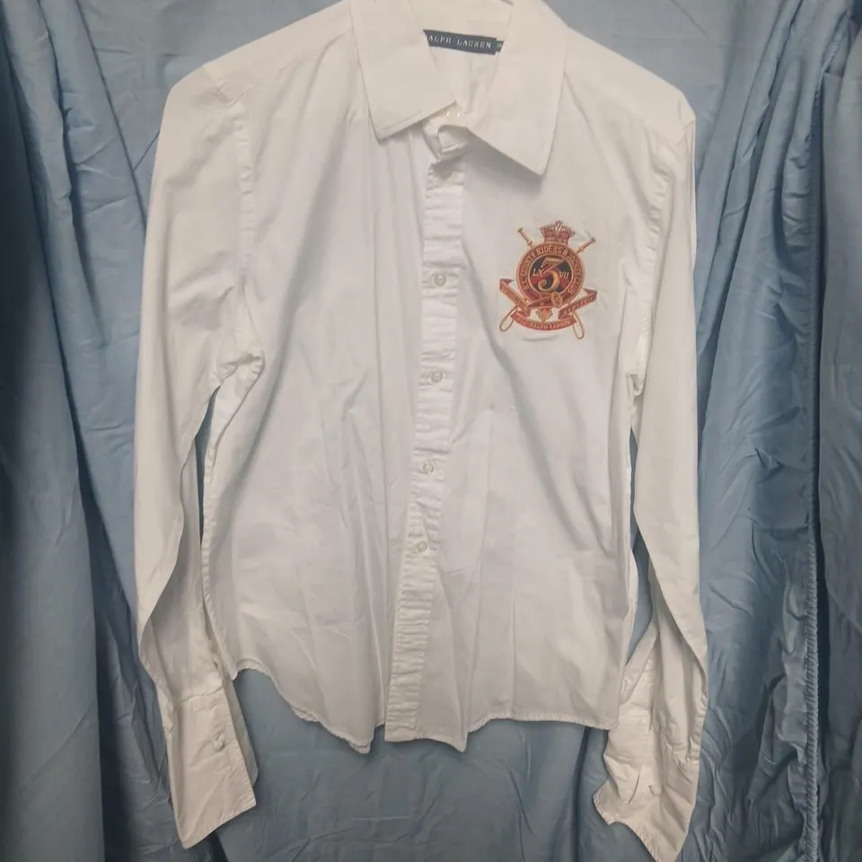 RALPH LAUREN WHITE SHIRT –, SIZE UK 14 (NECK 14) WITH CREST EMBROIDERY