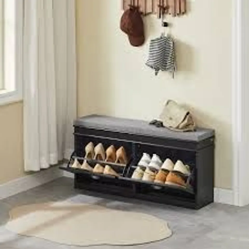 BOXED SOBUY SHOE STORAGE BENCH WITH SEAT CUSHION - 2 FLIP-DRAWER SHOE CABINET - BLACK 