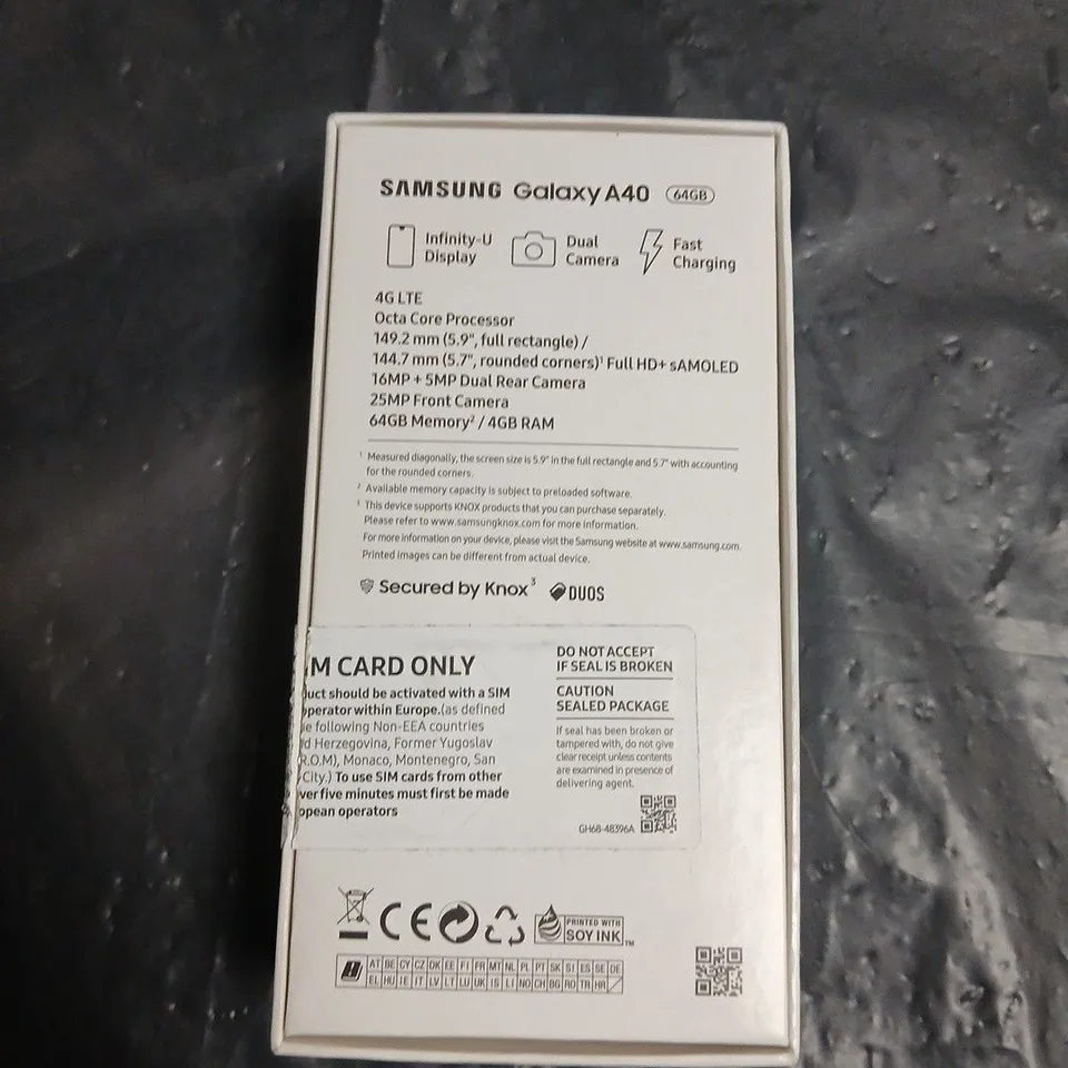 SAMSUNG GALAXY A40 64GB SMARTPHONE – BLACK PRISM, BOXED