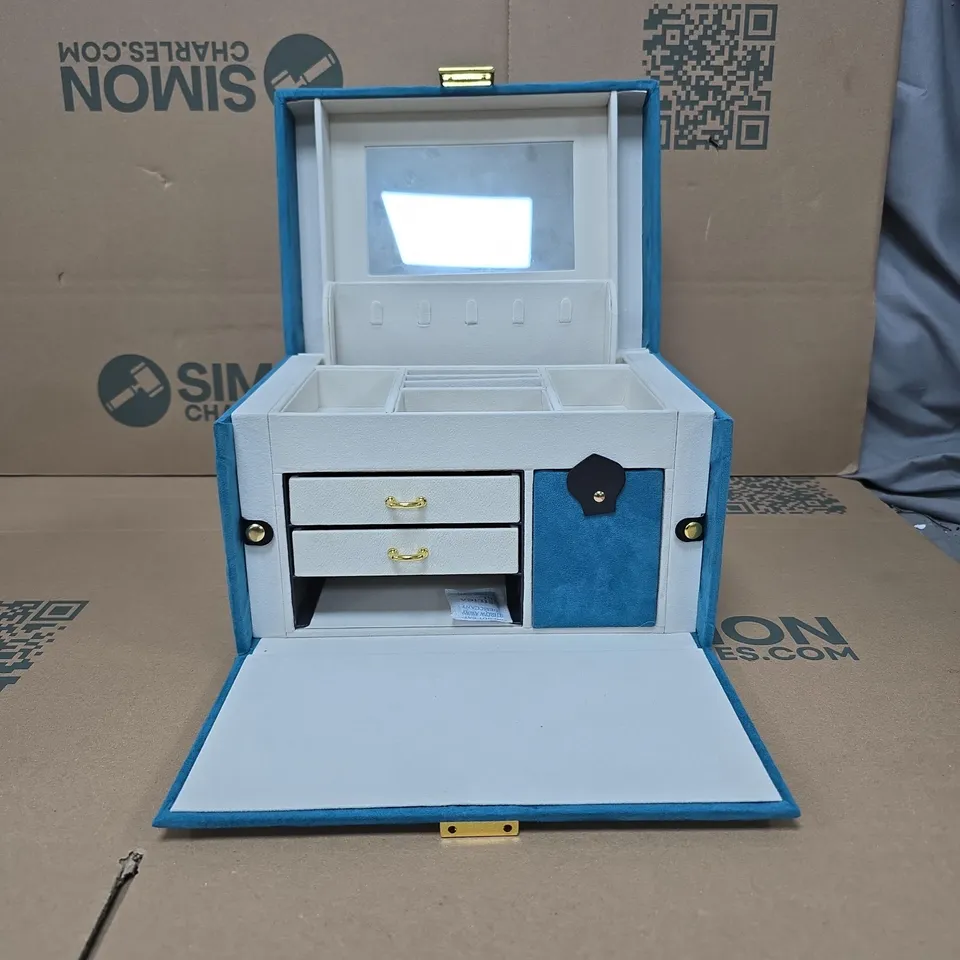 BLUE VELVET JEWELLERY BOX WITH FLORAL EMBROIDERY, MIRROR, AND DRAWERS BOXED