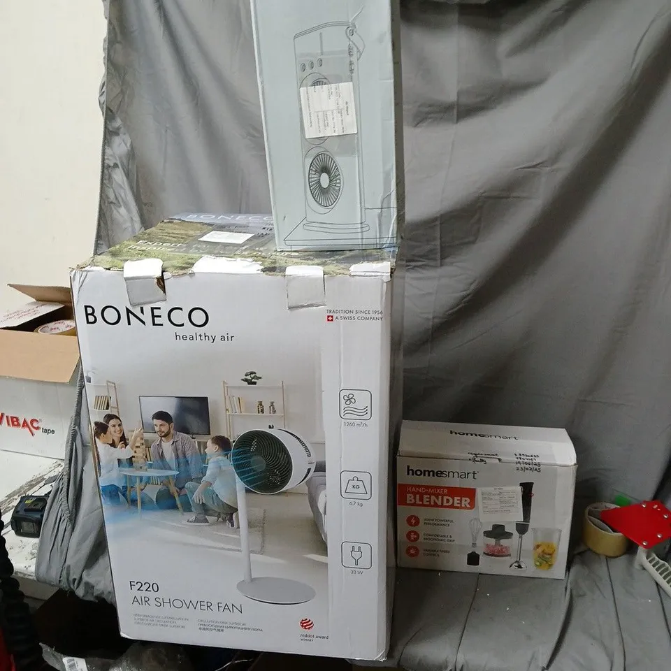 BONECO F220 AIR SHOWER FAN – BOXED A CAGE OF APPROXIMATELY  5 ITEMS DAMAGED SPARES AND REPAIRS ITEMS.