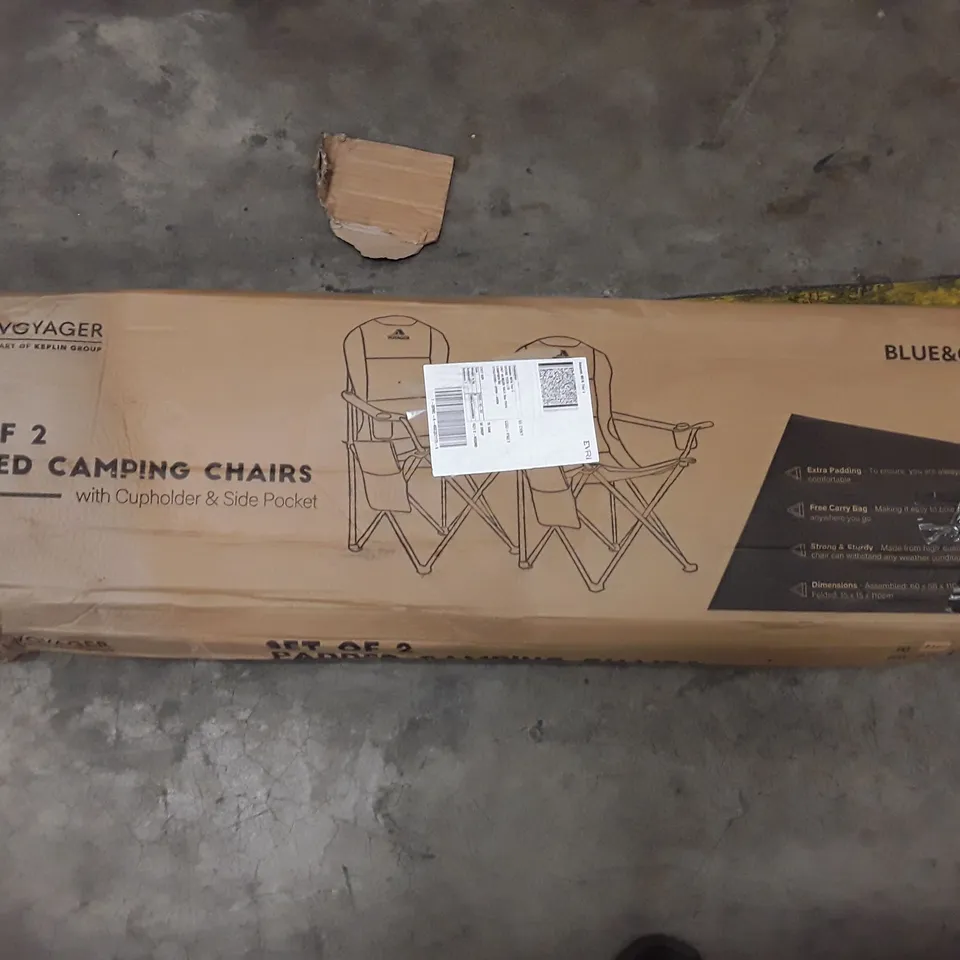 BOXED VOYAGER SET OF 2 PADDED CAMPING CHAIRS - BLUE AND GREY 