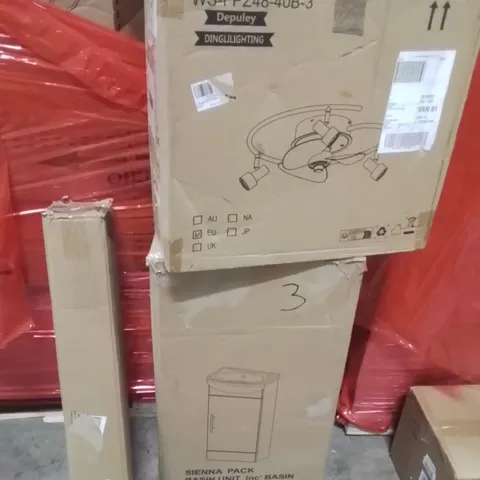 PALLET OF ASSORTED HOUSEHOLD GOODS AND PRODUCTS TO INCLUDE;LIGHT FITTING,BASIN UNIT UNDERSINK,RETRACTABLE SAFETY GATE