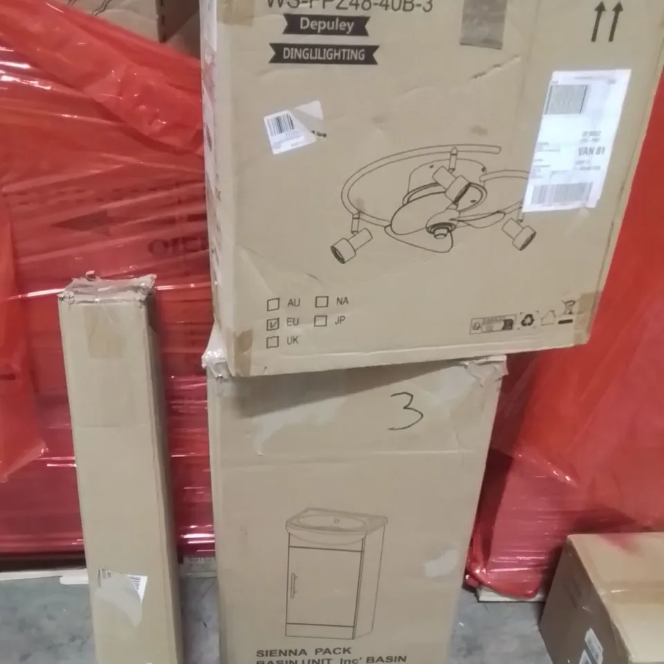 PALLET OF ASSORTED HOUSEHOLD GOODS AND PRODUCTS TO INCLUDE;LIGHT FITTING,BASIN UNIT UNDERSINK,RETRACTABLE SAFETY GATE