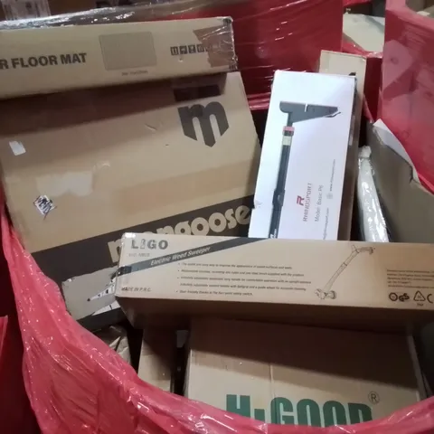 PALLET CONTAINING VARIOUS ASSORTED BOXED HOUSEHOLD ITEMS TO INCLUDE: CHAIR FLOOR MAT, MONGOOSE SCOOTER, PULL UP BAR, ELECTRIC WEED SWEEPER AND LOTS MORE UNMARKED BOXED ITEMS 