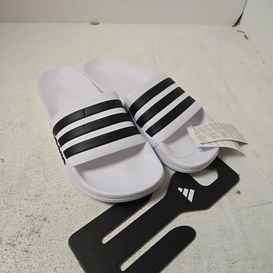ADIDAS ADILETTE SHOWER SLIDES – WHITE/BLACK, UK 10