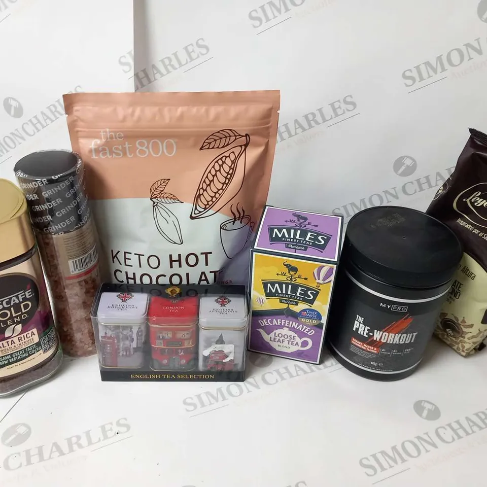 APPROXIMATELY EIGHT ASSORTED FOOD AND DRINK BASED PRODUCTS TO INCLUDE; NESCAFE, MY PRO, LEYENDA AND SILK ROUTE