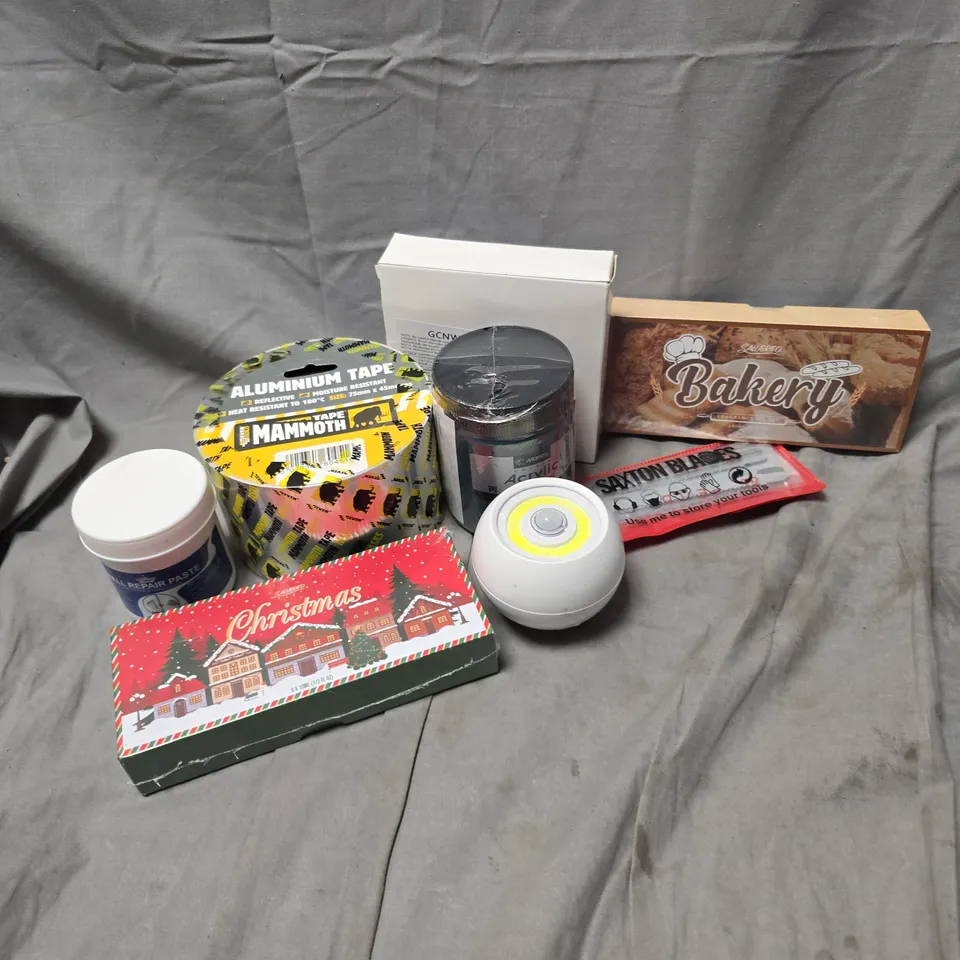 APPROXIMATELY 12 ASSORTED HOUSEHOLD ITEMS TO INCLUDE ALUMINIUM TAPE, BAKERY FRAGRANCE OIL SET, SAXTON BLADES, ETC