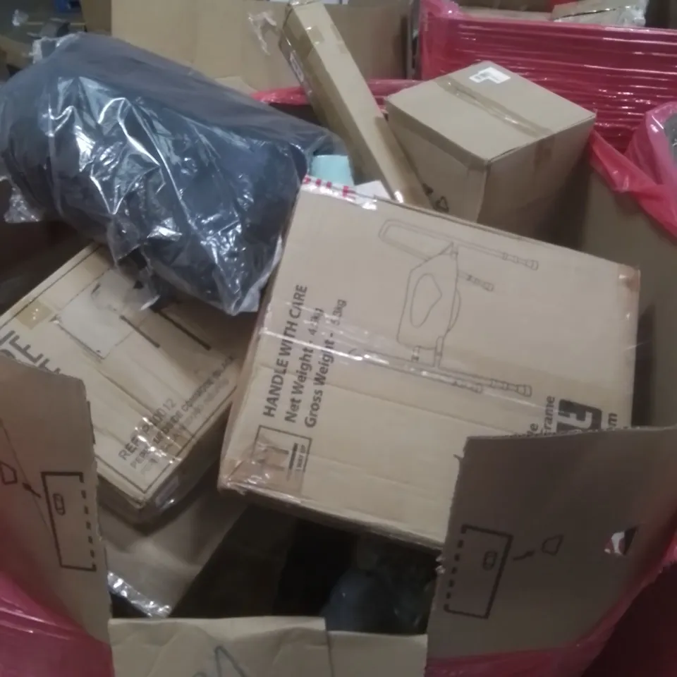 PALLET OF ASSORTED HOUSEHOLD GOODS AND FURNITURE TO INCLUDE;BEBÁMOUR MULTI-FUNCTION BABY BOOSTER, MORENTO WIFI AIR PURIFIER, IMETEC HEATED MATTRESS COVER (200CM X 150CM) ETC