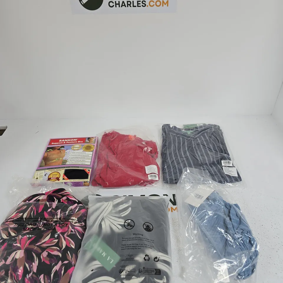 BOX OF APPROXIMATELY 20 ASSORTED CLOTHING ITEMS IN VARIOUS SIZES, COLOURS AND STYLES