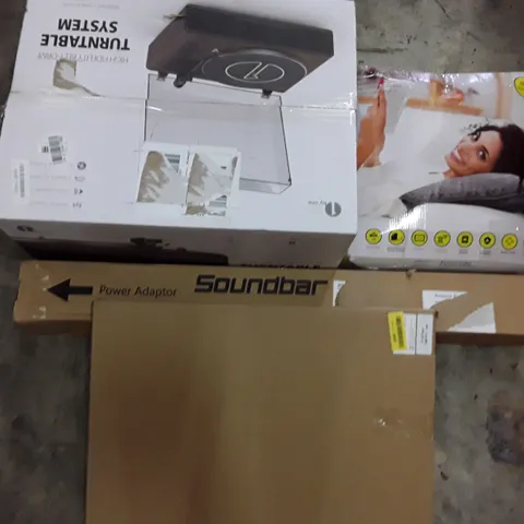 PALLET OF ASSORTED PRODUCTS INCLUDING SOUND BAR, HEATED BLANKETS, WALL CLOCKS AND VINYL PLAYERS ECT