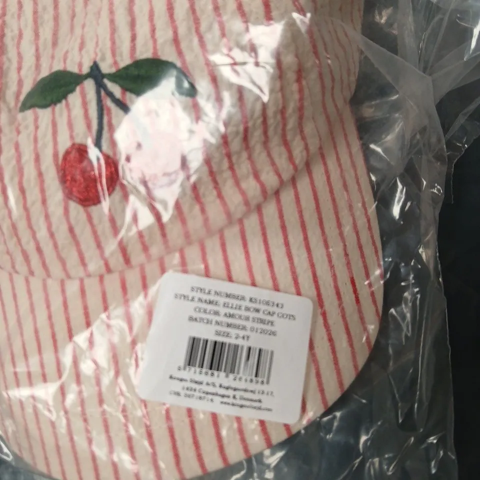 KIDS' PINK & WHITE STRIPE CAP WITH CHERRY EMBROIDERY – SIZE 2-4Y