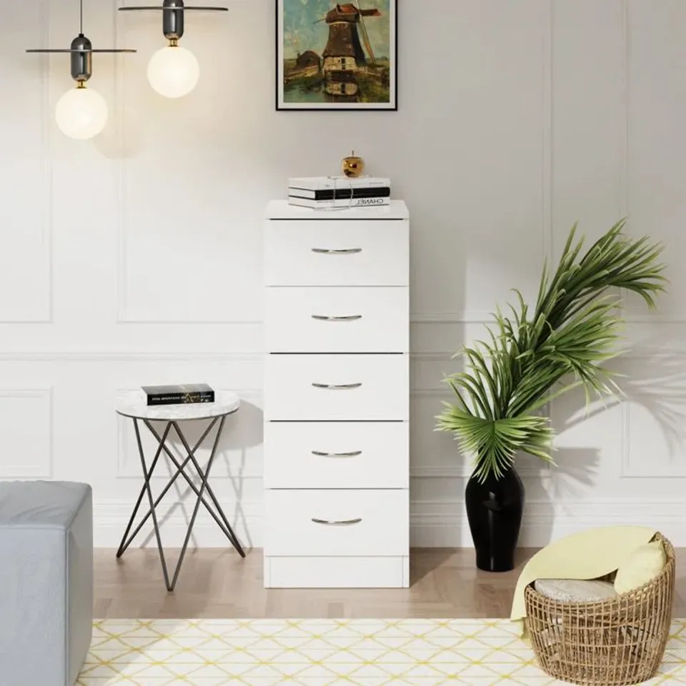 BOXED BDELONNA 5 DRAWER CHEST OF DRAWERS WHITE