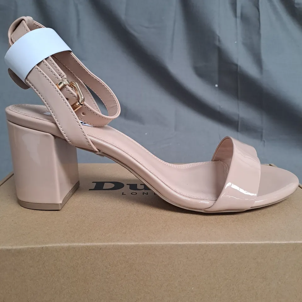 BOXED PAIR OF DUNE LONDON NUDE OPEN TOE HIGH BLOCK HEELED SANDALS SIZE 7