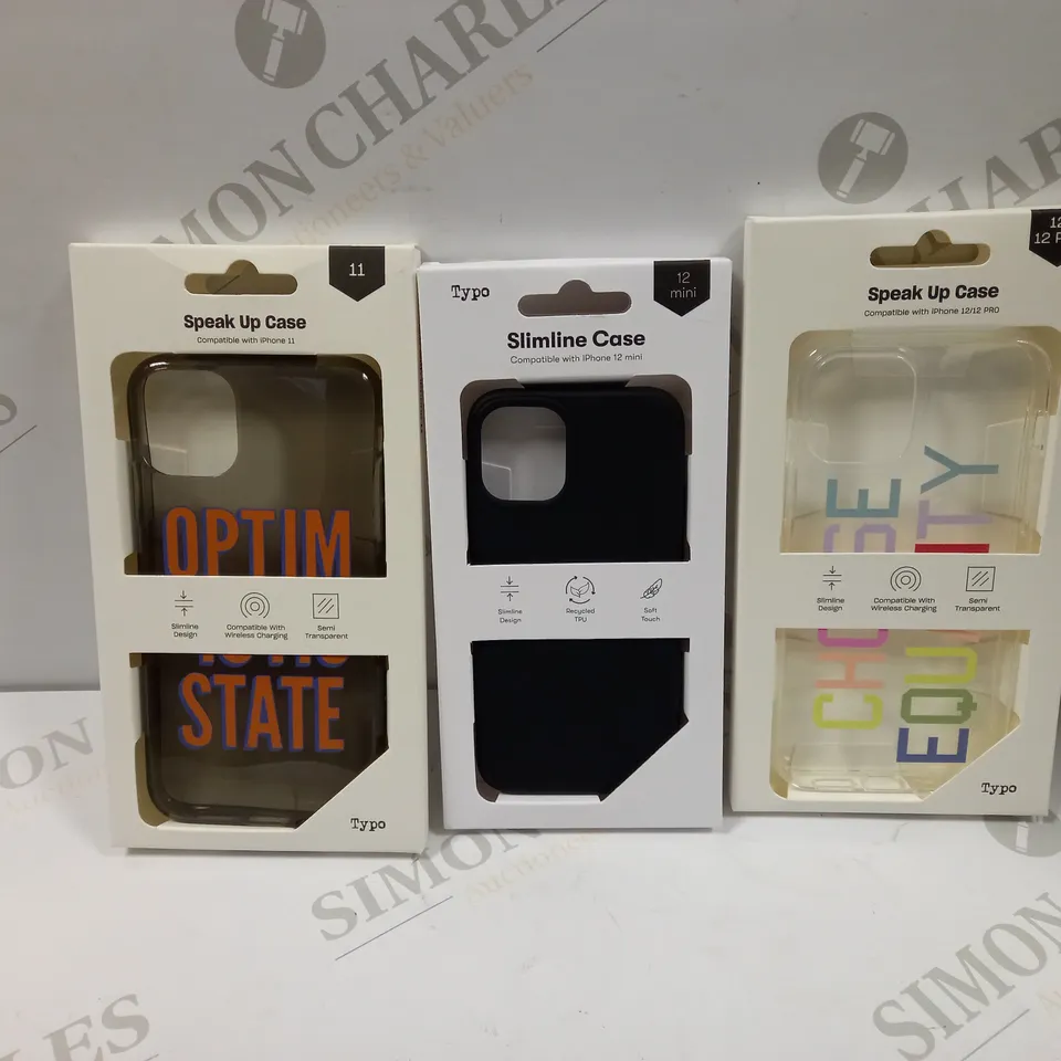 BOX OF APPROXIMATELY 55 TYPO PHONES CASES ('SLIMLINE CASE' & 'SPEAK UP CASE') FOR IPHONE 11, 12 MINI, 12/12PRO IN VARYING COLOURS