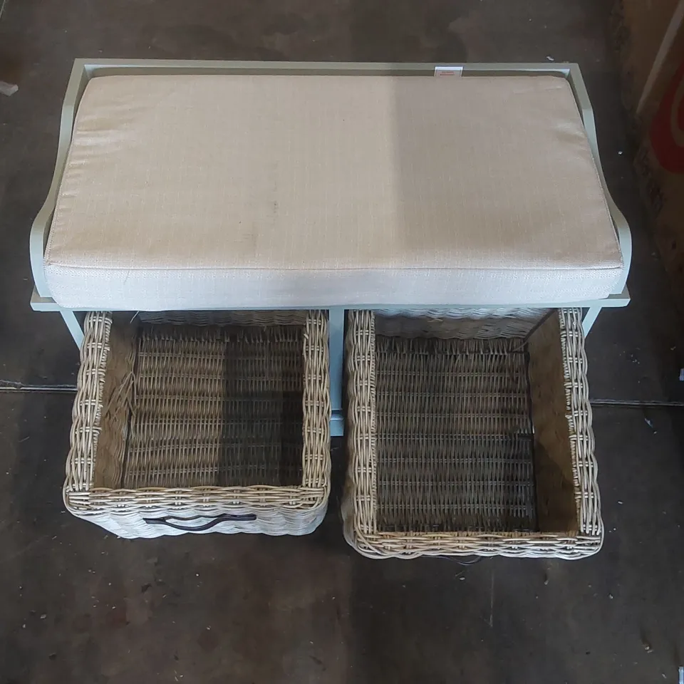 TETBURY BENCH WITH 2 BROWN FAUX RATTAN BASKETS AND CREAM CUSHION- SAGE GREEN