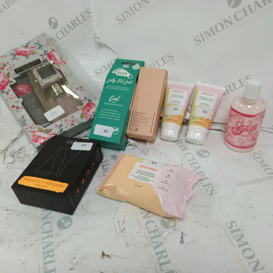 BOX OF APPROXIMATELY 30 ASSORTED ITEMS TO INCLUDE BODY LOTION, A MAGNETIC AND REPLENISH FACIAL SYSTEM AND A WOO WOO MOISTURISING INTIMATE WIPE SET