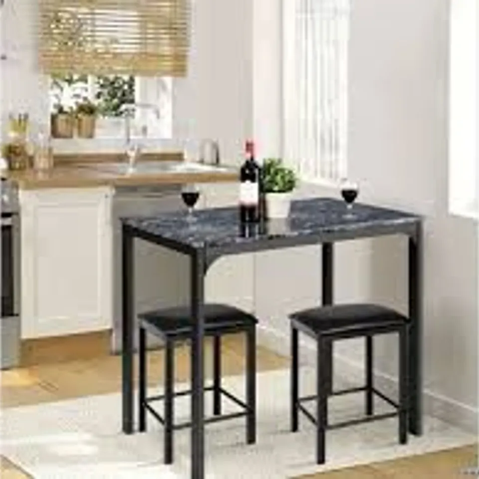 BOXED COSTWAY 3 PCS COUNTER HEIGHT TABLE SET 2 CHAIRS DINING ROOM FAUX MARBLE - BLACK