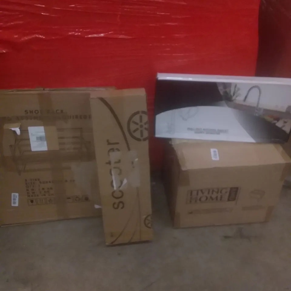 PALLET OF ASSORTED ITEMS INCLUDING SHOE RACK, SCOOTER, KITCHEN FAUCET, FOOTSTOOL