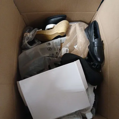 LARGE BOX OF APPROX 10 ASSORTED SHOES IN VARIOUS COLOURS, STYLE AND SIZES