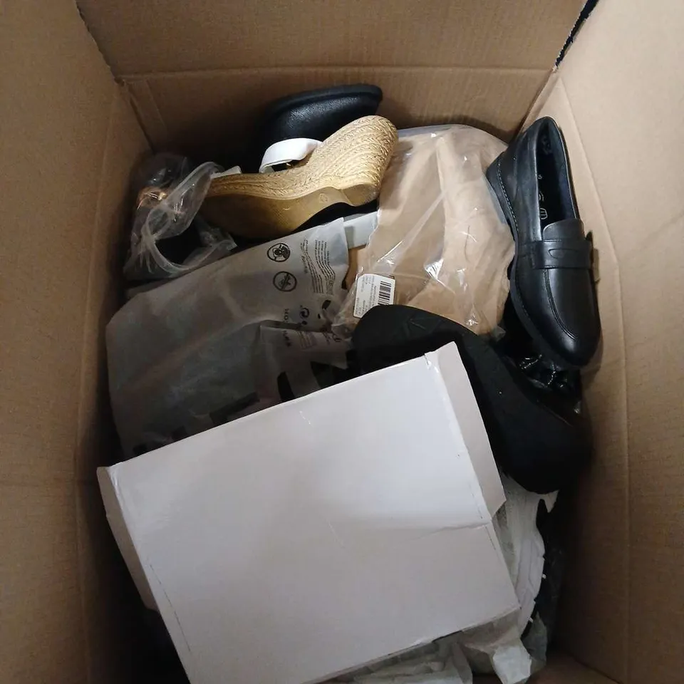 LARGE BOX OF APPROX 10 ASSORTED SHOES IN VARIOUS COLOURS, STYLE AND SIZES