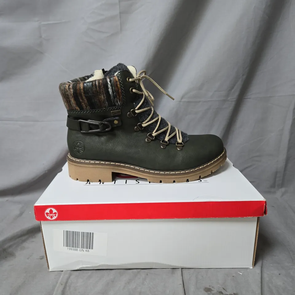 RIEKER ANTISTRESS HIKING BOOTS – OLIVE GREEN LEATHER & WOOL KNIT, UK 6