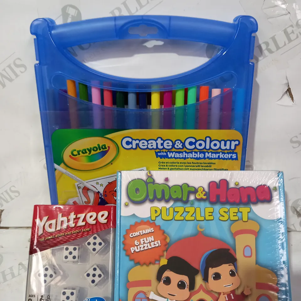 BOX OF APPROXIMATELY 15 ASSORTED TOYS AND GAMES TO INCLUDE CRAYOLA CREATE & COLOUR WITH WASHABLE MARKERS, YAHTZEE, OMAR & HANA PUZZLE SET, ETC