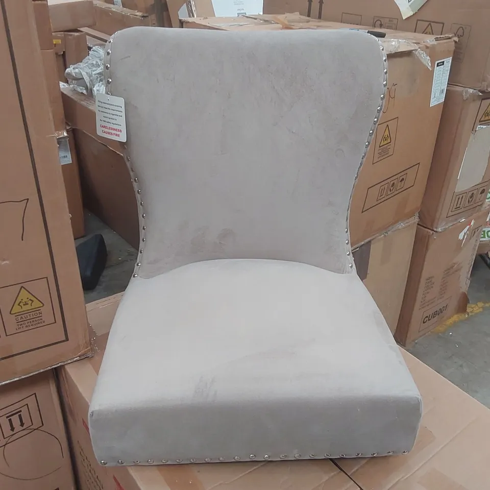 BOXED PAIR OF INDUS VALLEY TAUPE VELVET UPHOLSTERED DINING CHAIRS