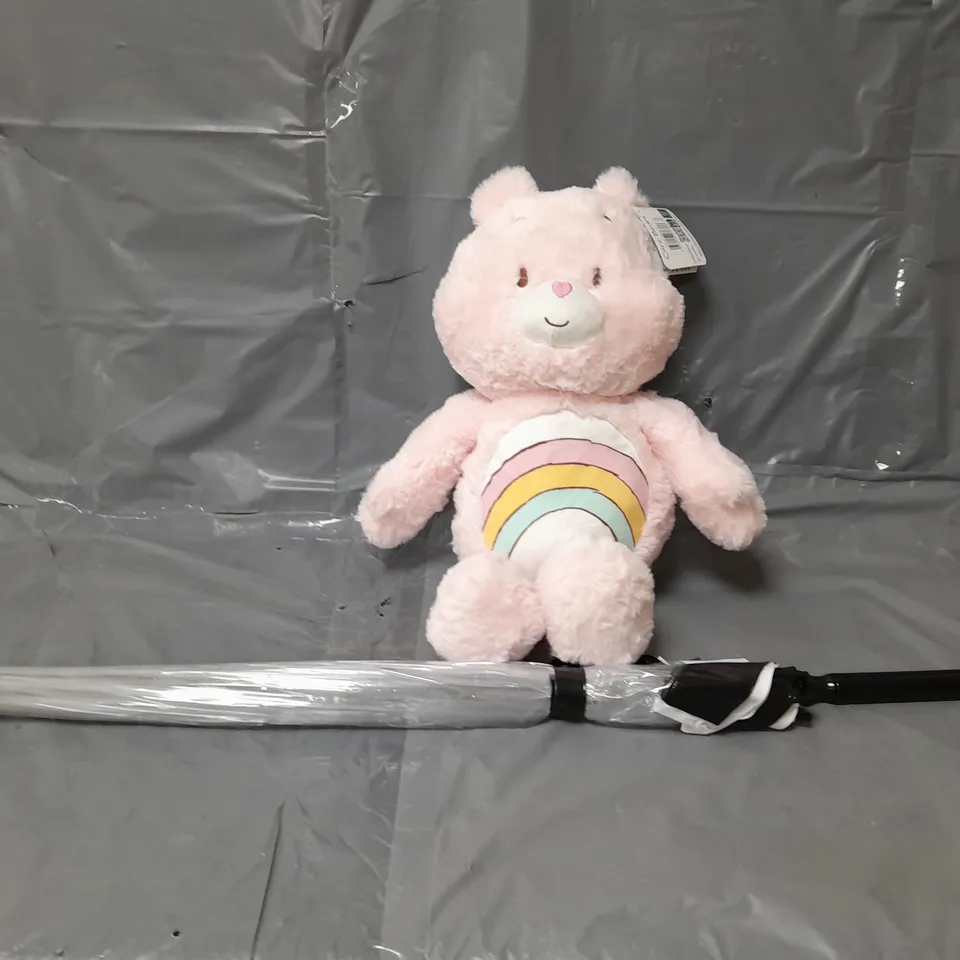 APPROXIMATELY 5 HOUSEHOLD ITEMS TO INCLUDE A PINK CARE BEARS SOFT TOY AND AN UMBRELLA