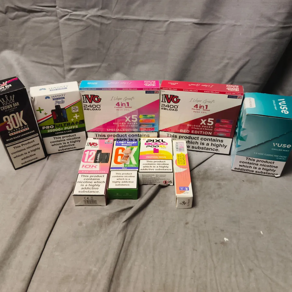 APPROXIMATELY 20 ASSORTED E-CIGARETTE PRODUCTS TO INCLUDE BRANDS SUCH AS IVG, HAYATI, VUSE, ETC - COLLECTION ONLY