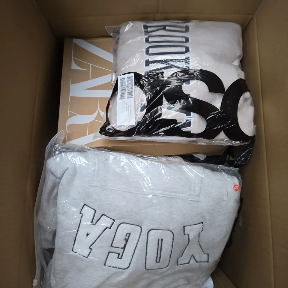 LARGE BOX OF ASSORTED CLOTHING ITEMS IN VARIOUS SIZES, STYLES AND COLOUR 