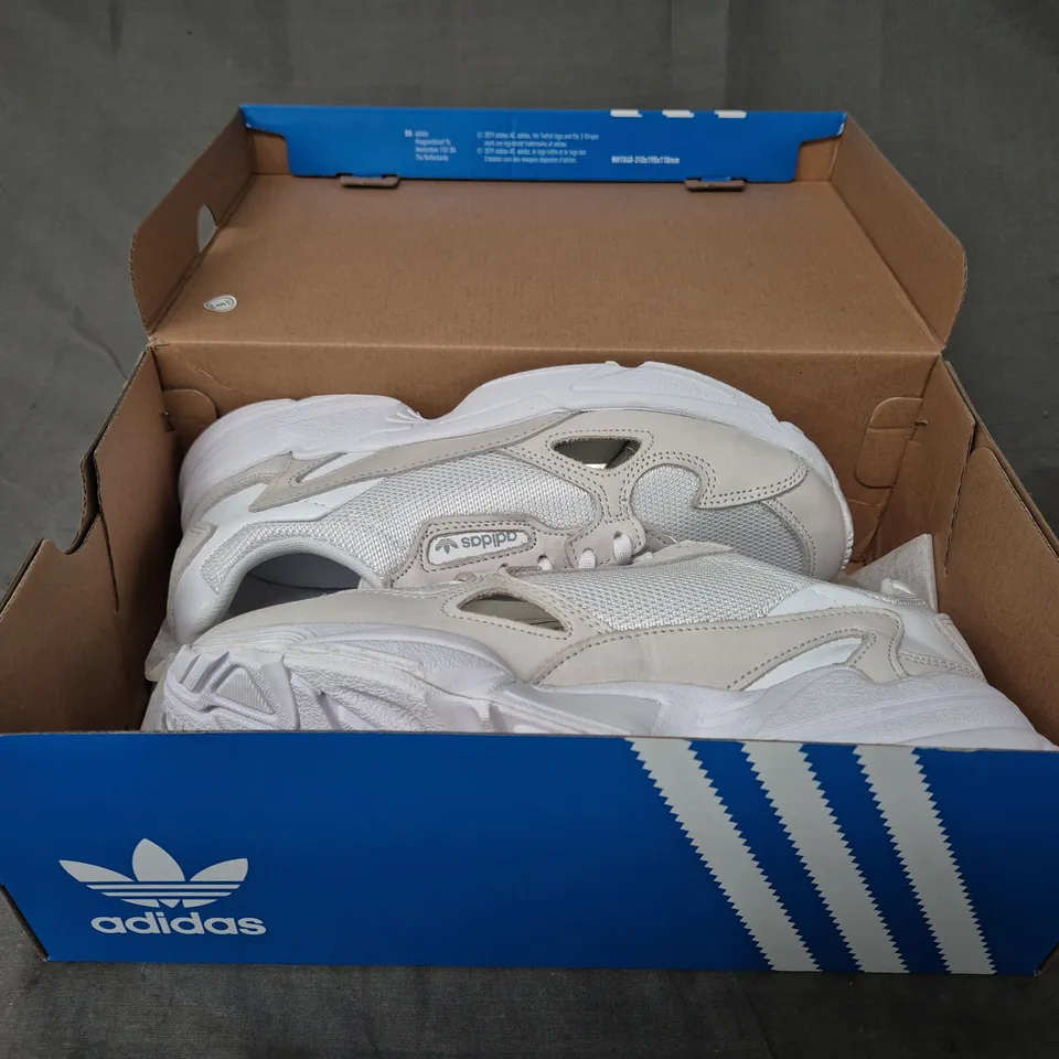 BOXED PAIR OF ADIDAS WOMEN'S FALCON SHOES IN WHITE/OFF WHITE UK SIZE 5.5