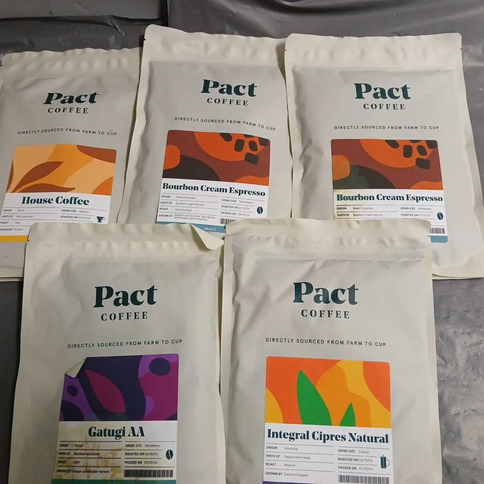 LOT OF 5 250G PACKS OF PACT COFFEE IN VARIOUS FLAVOURS 