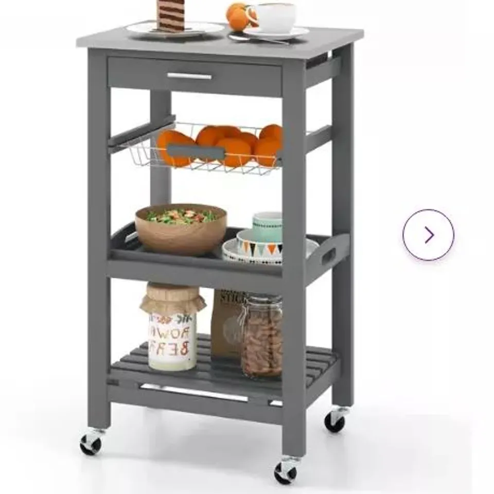 BOXED COSTWAY COMPACT KITCHEN ISLAND CART ROLLING SERVICE TROLLEY WITH STAINLESS STEEL TOP BASKET - BLACK