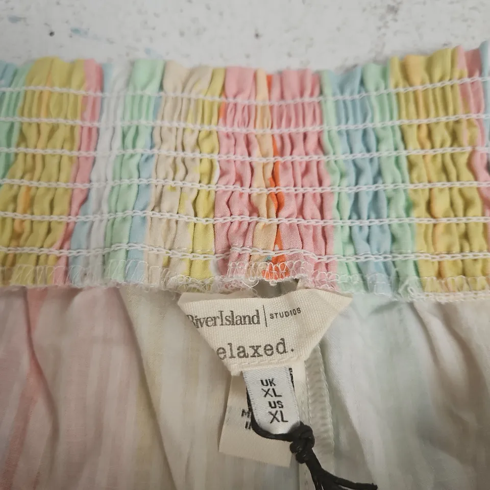 RIVER ISLAND WOMENS PASTEL RAINBOW STRIPE SKIRT – SMOCKED WAIST, PINK TRIM, UK XL