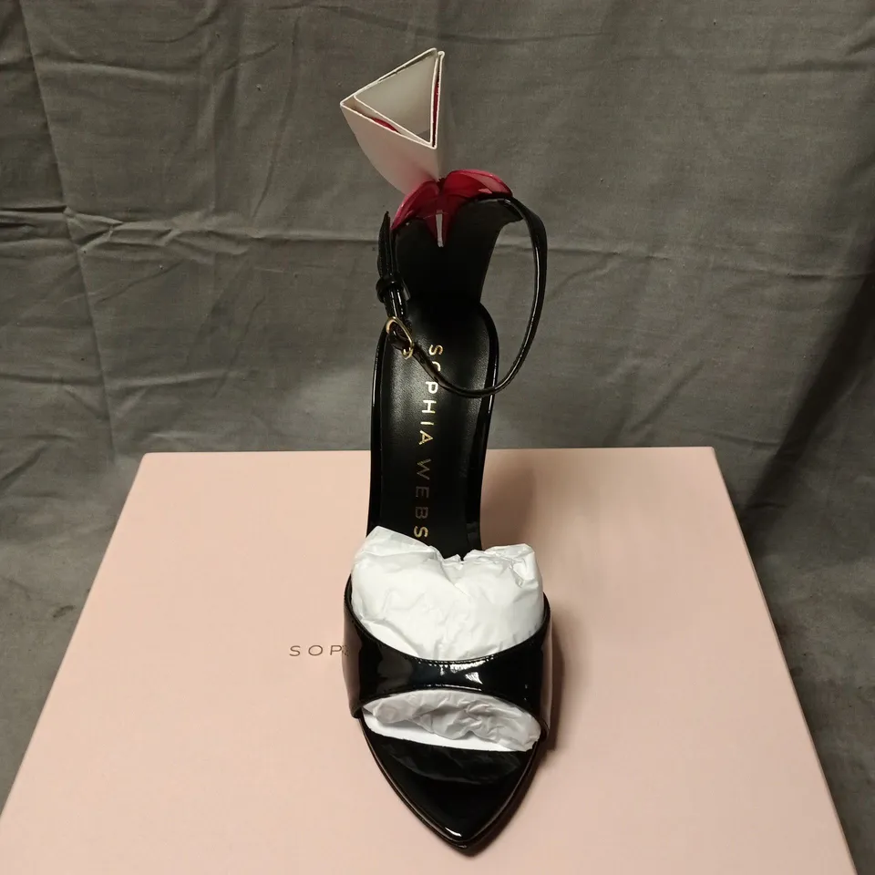 SOPHIA WEBSTER BLACK PATENT LEATHER SANDALS – WOMEN'S OPEN-TOE STILETTO WITH ANKLE STRAP SIZE 37.5