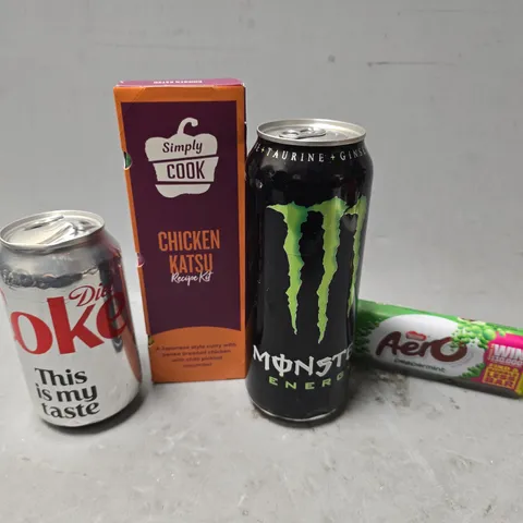 APPROXIMATELY 10 ASSORTED FOOD & DRINK ITEMS TO INCLUDE - MONSTER ENERGY , DIET COKE , SIMPLY COOK CHICKEN KATSU ETC