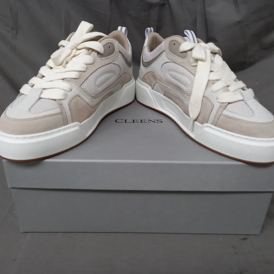 BOXED PAIR OF CLEENS ESSENTIAL SKATE SNEAKERS IN SAND UK SIZE 10.5