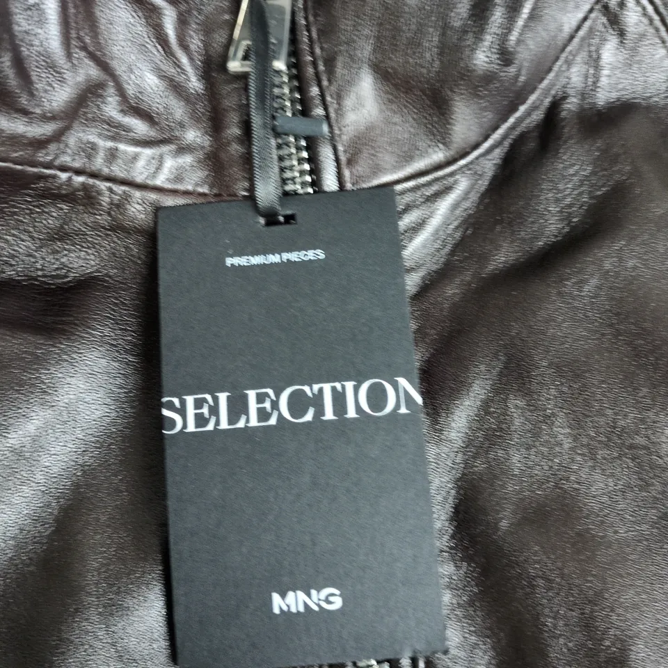 MANGO MNG COLLECTION LEATHER JACKET – BROWN, HOODED, ZIP FRONT UK L