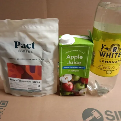 APPROXIMATELY 5 ASSORTED FOOD & DRINK ITEMS TO INCLUDE PACT COFFEE, R WHITES LEMONADE AND APPLE JUICE