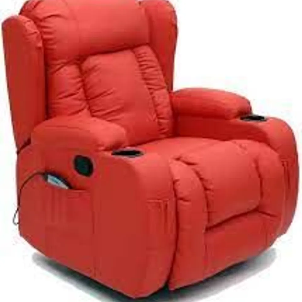 BOXED DESIGNER CAESAR RED LEATHER MANUAL RECLINING EASY CHAIR  (2 BOXES)