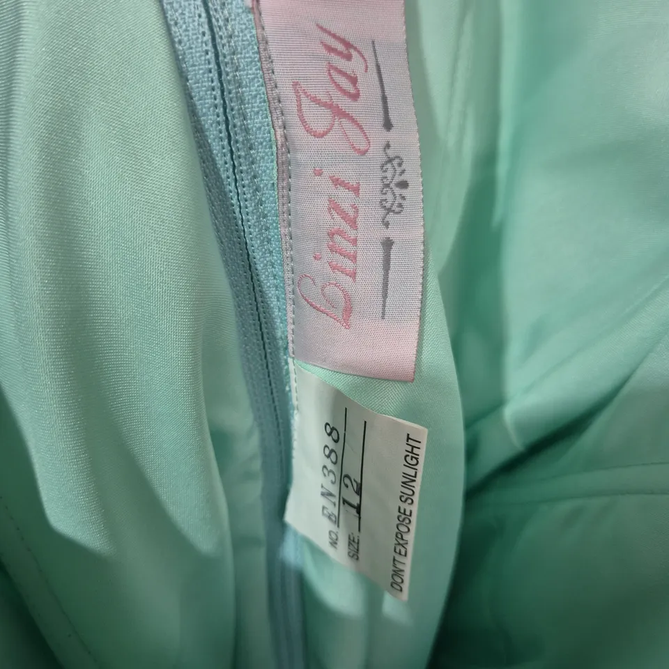 MINT GREEN EVENING DRESS WITH RHINESTONE WAIST – WOMEN'S FORMAL GOWN, SIZE 12 