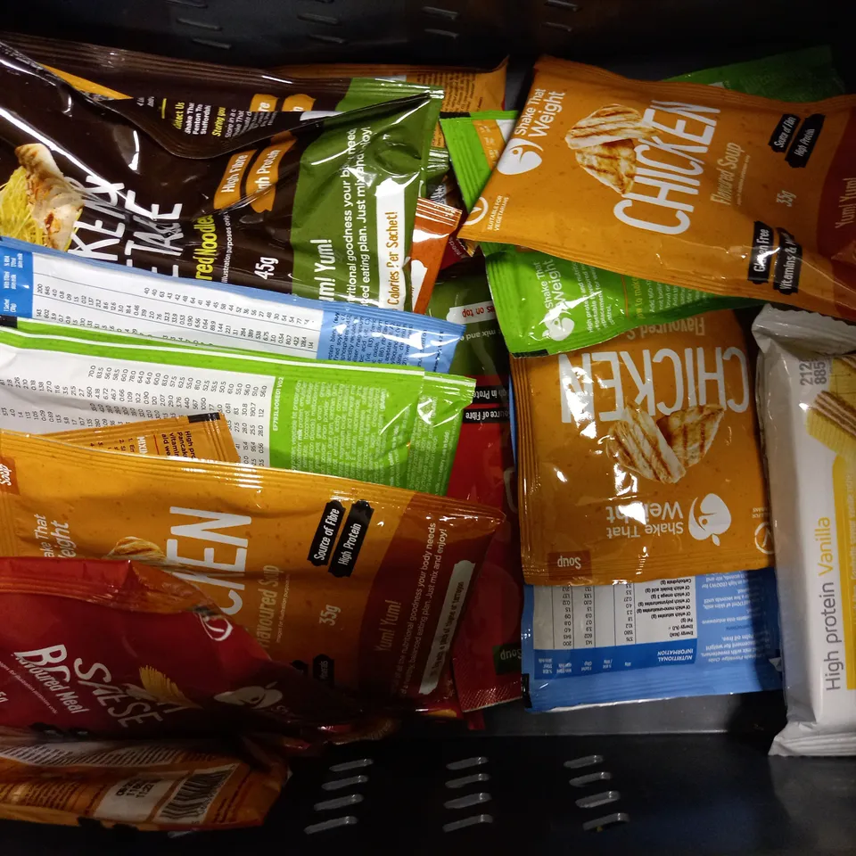 LOT OF APPROXIMATELY 35 PACKS OF PROTEIN SHAKES & MEAL REPLACEMENT BARS AND POWDERS