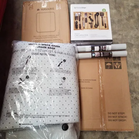 PALLET CONTAINING ASSORTED PRODUCTS INCLUDING ROUND RECTANGLE MIRROR, KITCHEN DRAWER ORGANIZER, SPACE SAVER STORAGE BAGS, DRAWER & SHELF LINERS & ALUMINIUM FRAME WRITING BOARD