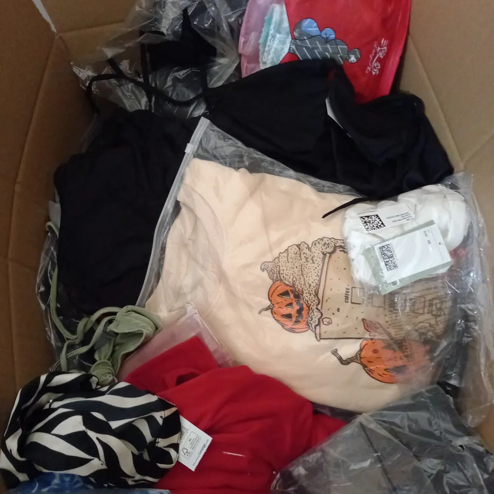  BOX OF ASSORTED CLOTHING ITEMS TOO INCLUDE DRESSES , SHIRTS AND TROUSERS IN VARIOUS SIZES AND COLOURS   