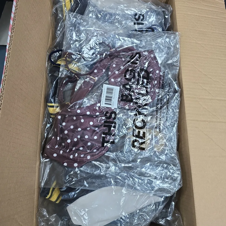 BOX OF APPROXIMATELY 30 ASSORTED COTTON ON CLOTHING ITEMS INCLUDING GATHERED THIN STRAP BALCONETTE BIKINI TOP, PLUSH FITTED ZIP THROUGH AND GATHERED THIN STRAP BALCONETTE BIKINI TOP