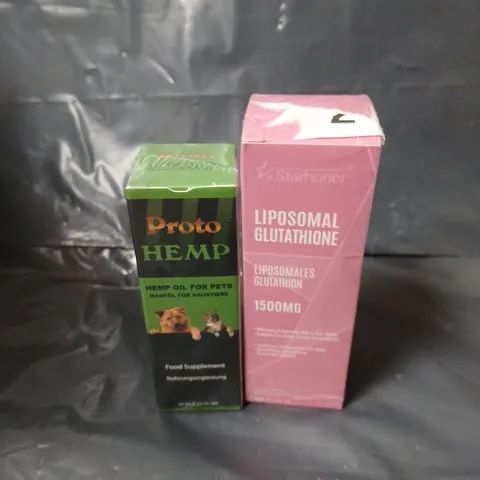 APPROXIMATELY 60 ASSORTED OUT OF DATE PRODUCTS TO INCLUDE PROTO HEMP OIL FOR PETS, LIPOSOMAL GLUTATHIONE, ETC