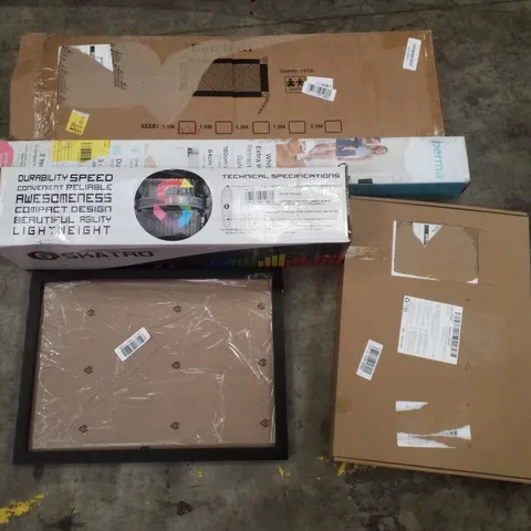 PALLET CONTAINING ASSORTED PRODUCTS INCLUDING BED RAIL, RETRACTABLE SAFETY GATE, PICTURE FRAMES & SKATRO BOARD