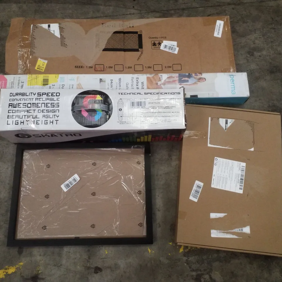PALLET CONTAINING ASSORTED PRODUCTS INCLUDING BED RAIL, RETRACTABLE SAFETY GATE, PICTURE FRAMES & SKATRO BOARD